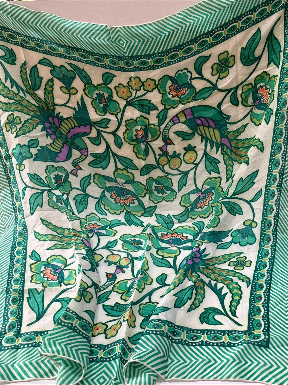 Vintage 1960’s Floral Peacock 🦚 Bird Silk Scarf 🧣 in Green & Cream white unique